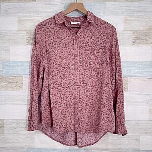 BeachLunchLounge Floral Woven Challis Button Down Tunic Shirt Pink Womens Large